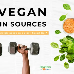 A person lifting dumbbells alongside plant-based protein foods, including lentils, beans, tofu, and leafy greens.
